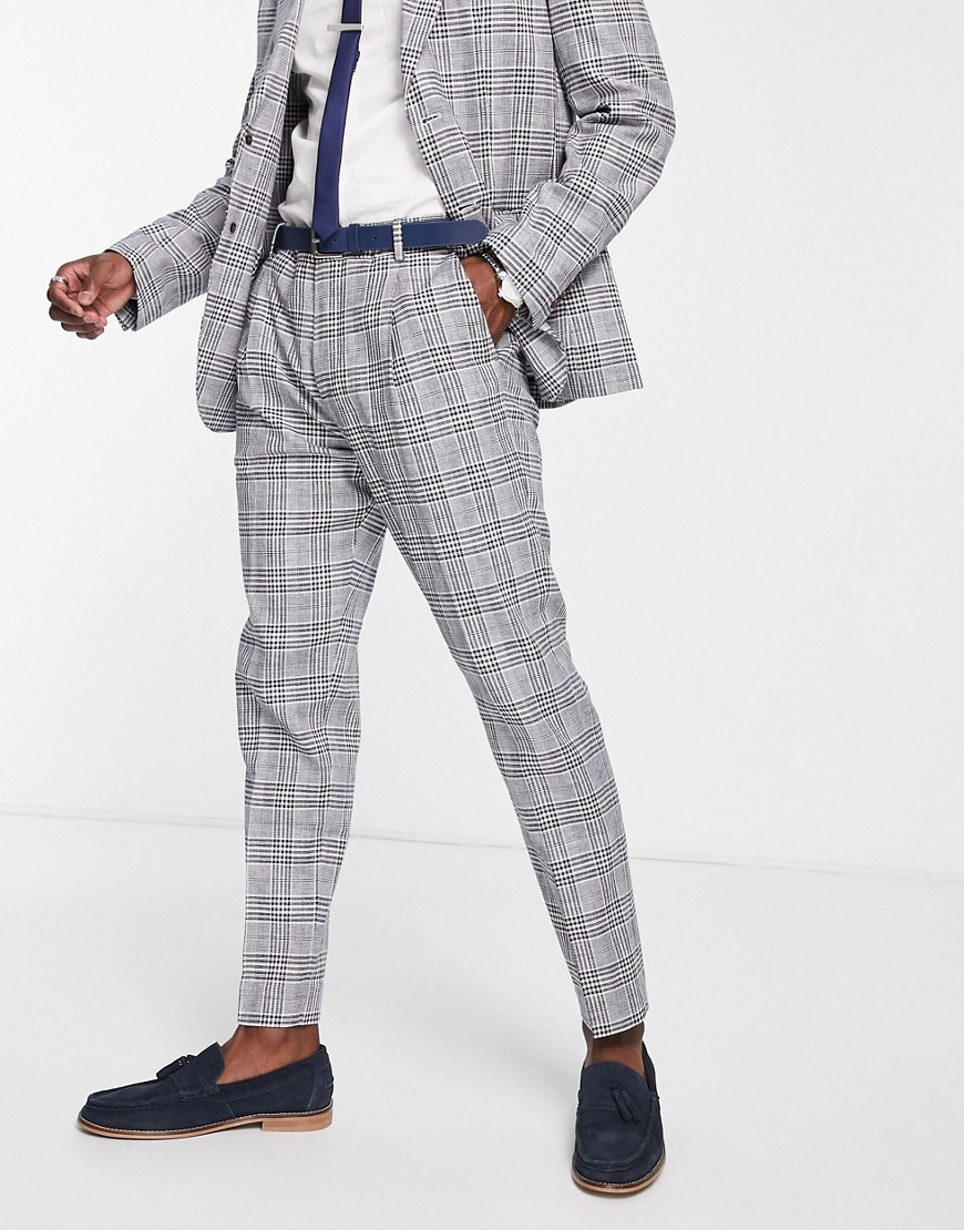 Selected Homme slim fit suit trousers in blue check linen mix