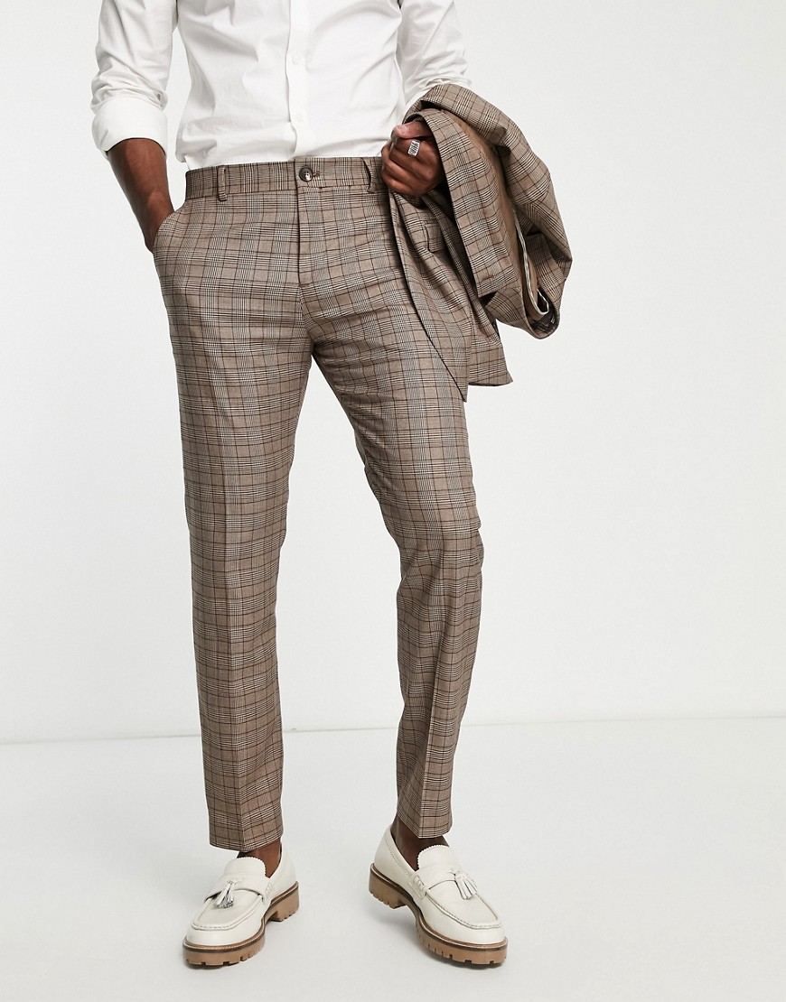 Selected Homme slim fit suit trousers in brown check
