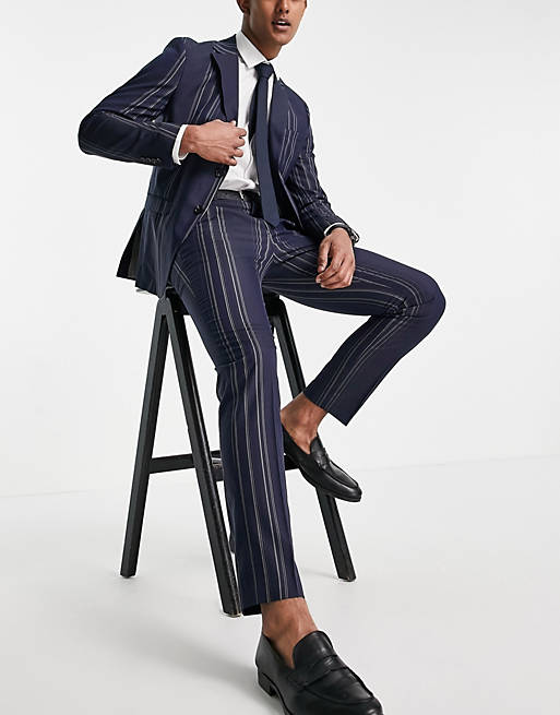 Selected Homme slim fit suit trousers in navy and white stripes