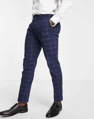 Selected Homme slim fit suit trousers in navy check linen mix