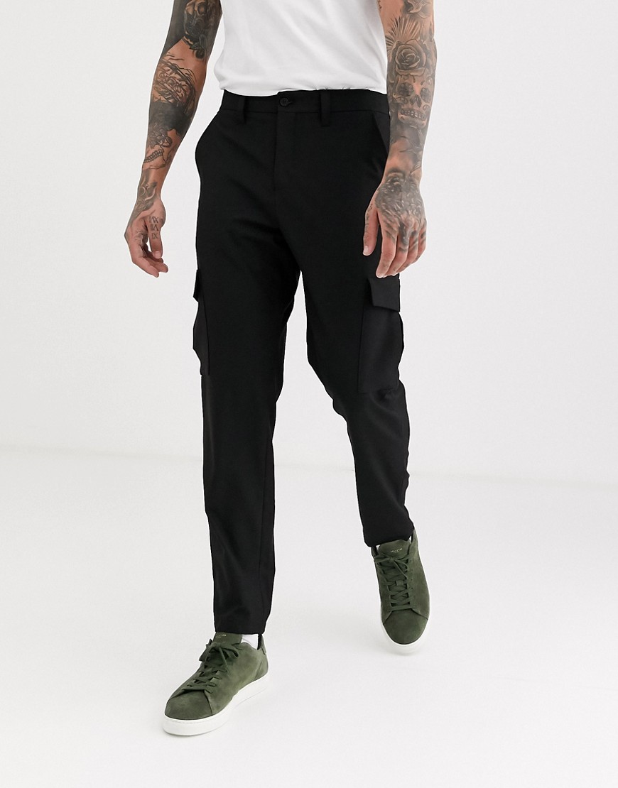 Selected Homme slim fit taped cargo pants in black