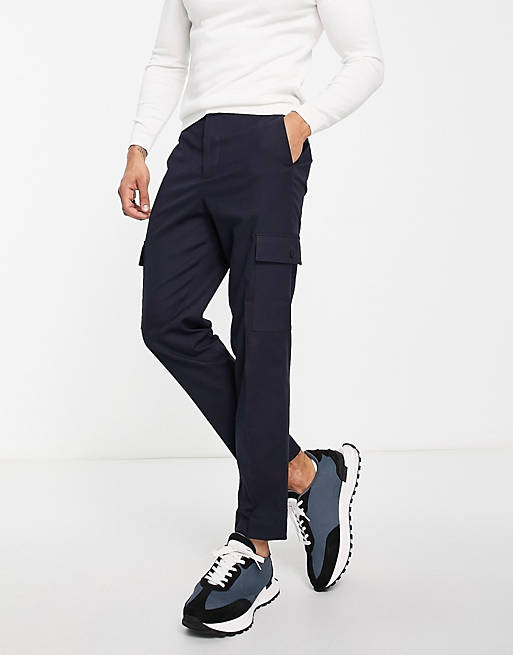  Selected Homme slim fit tapered trousers with cargo pockets in navy 