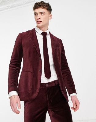 Selected Homme slim fit velvet suit jacket in burgundy-Red