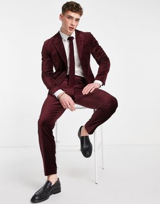 Selected Homme slim fit velvet suit pants in burgundy  - ASOS Price Checker
