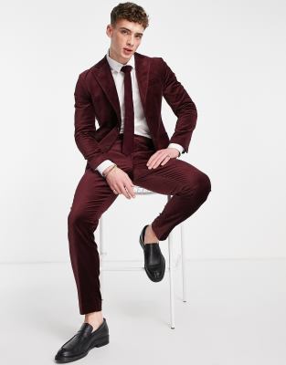 Selected Homme slim fit velvet suit pants in burgundy  - ASOS Price Checker