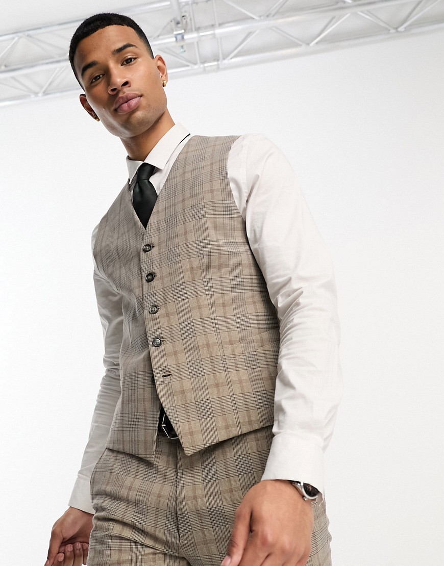 Selected Homme slim fit waistcoat in beige check-Neutral