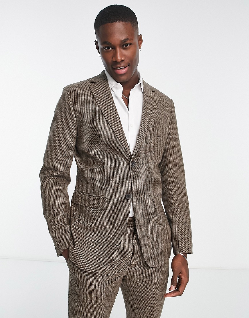 Selected Homme slim fit wool mix suit jacket in brown check