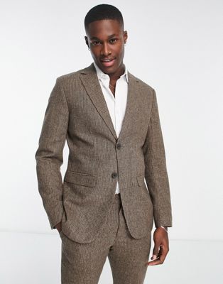 Selected Homme Slim Fit Wool Mix Suit Jacket In Brown Plaid
