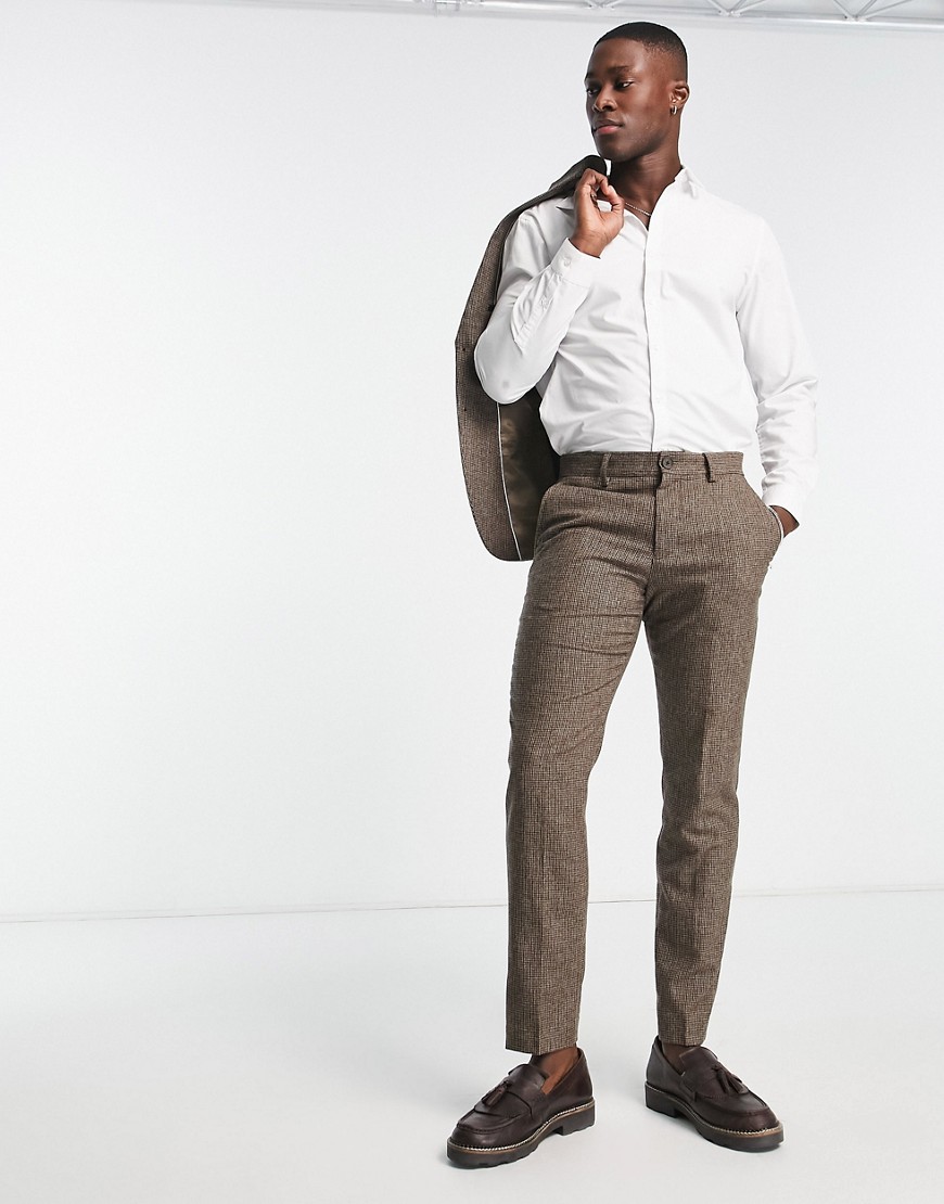 Selected Homme slim fit wool mix suit trousers in brown check