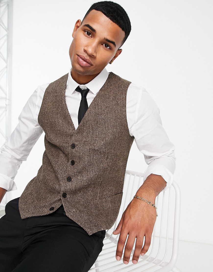 Selected Homme slim fit wool mix waistcoat in brown check