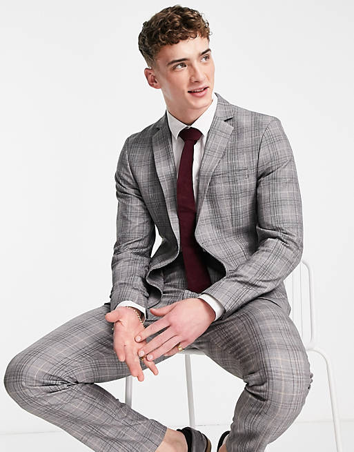 Selected Homme slim suit jacket in light grey check 
