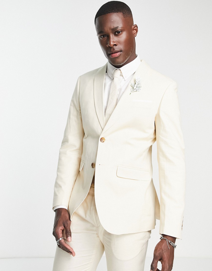Selected Homme slim suit jacket in white linen mix