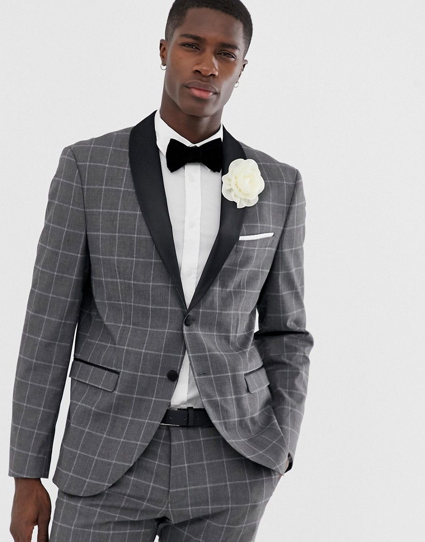 Selected Homme slim suit jacket with satin roll lapel in gray grid check