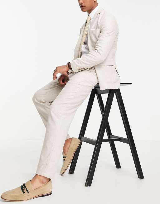 Selected Homme - Slim tapered habitbukser i hørblanding i beige