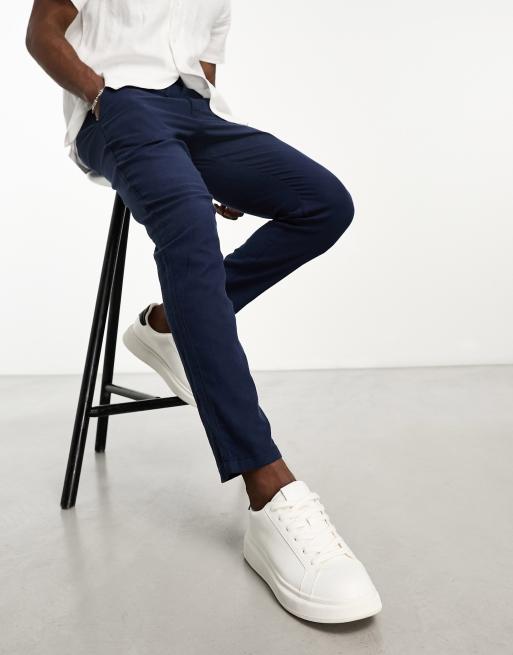 Selected Homme slim tapered linen mix pants in navy, 3 of 4