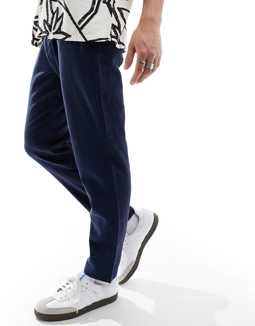 slim tapered linen mix pants in navy