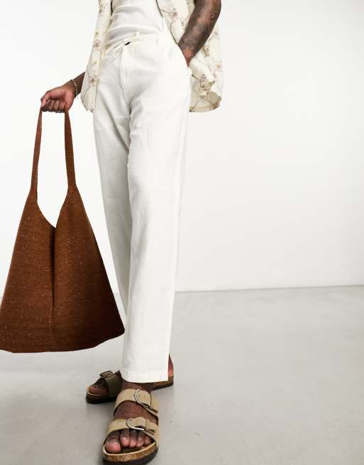 Selected Homme slim tapered linen mix trouser romantic in white