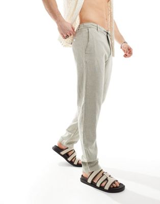 Selected Homme slim tapered linen trousers in cream