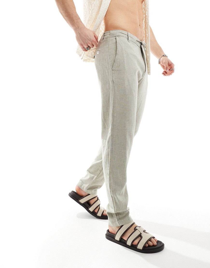 Selected Homme slim tapered linen trousers in cream-White
