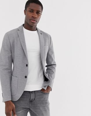 Selected Homme - Smalle jersey blazer met opgenaaide zakken in grijs