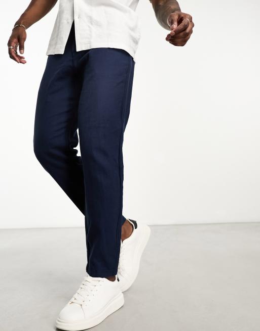 Selected Homme - Smaltoelopende broek van linnenmix in marineblauw