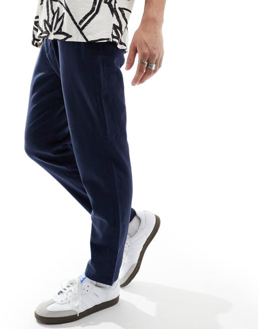 Selected Homme - Smaltoelopende broek van linnenmix in marineblauw