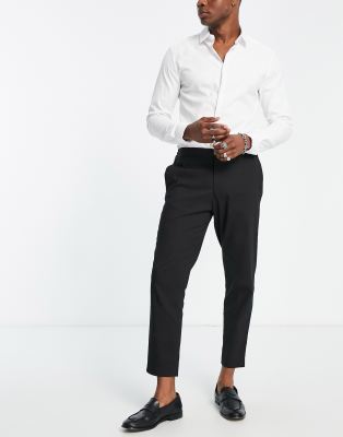 Selected Selected Homme smart trousers in cropped tapered fit with elasticated waist in black
