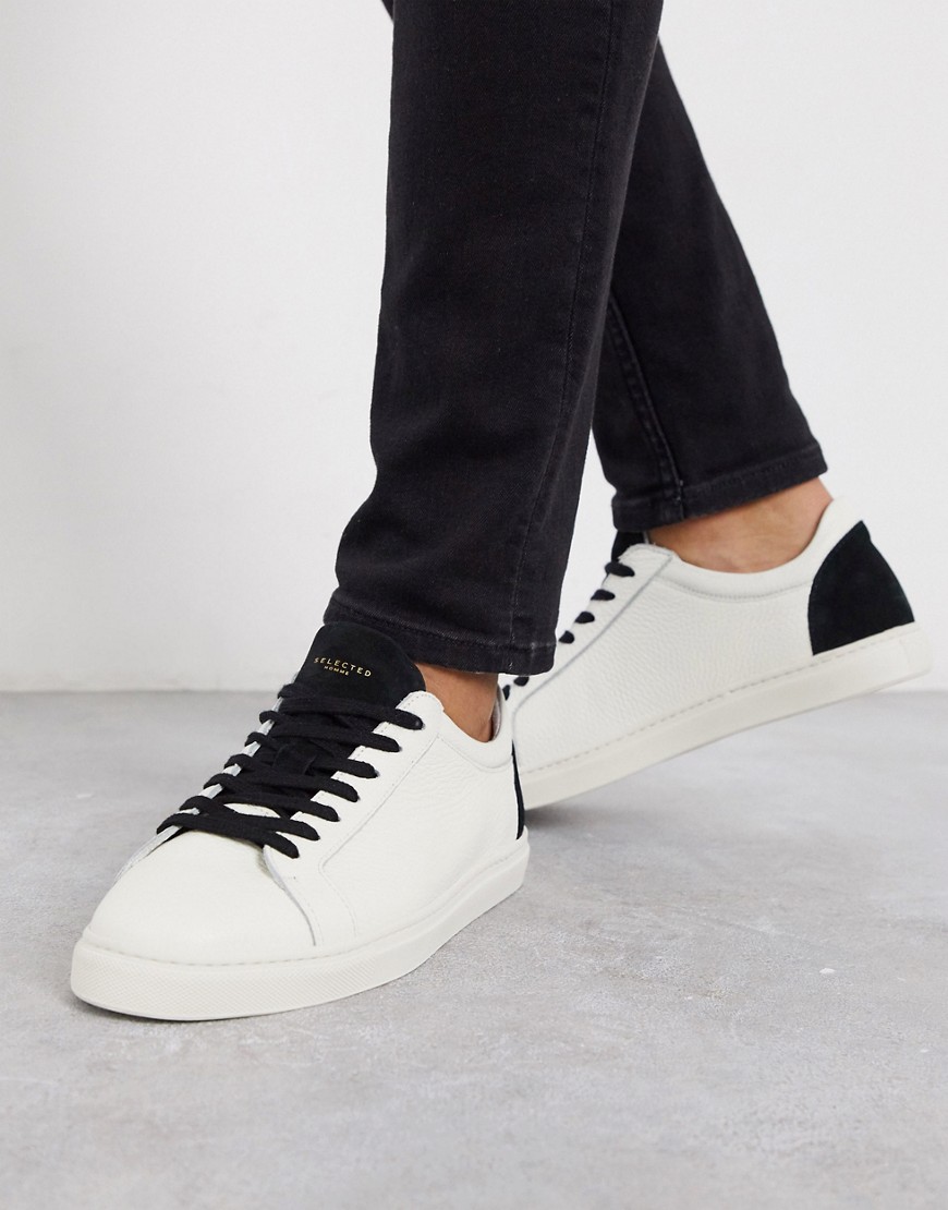 Selected Homme - Sneakers in pelle con dettaglio a contrasto bianche-Bianco