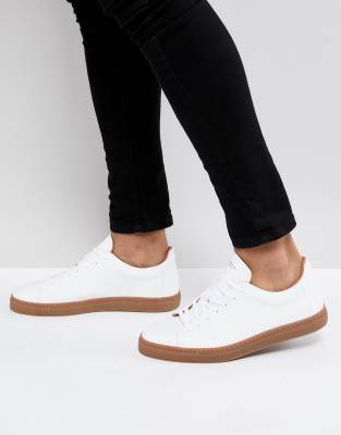 white leather sneakers with gum sole