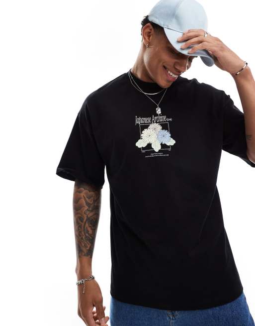 Selected Homme - Sort og oversized T-shirt med japansk blomsterprint på brystet