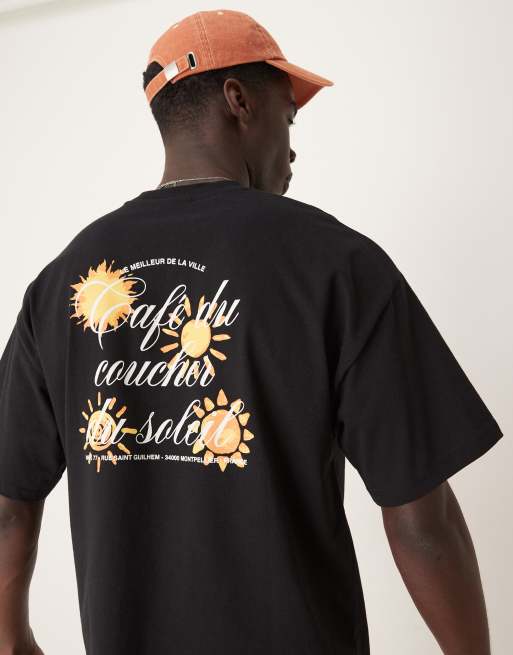 Selected Homme - Sort oversized T-shirt med solprint på ryggen i kraftigt stof