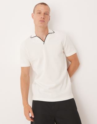 split neck polo shirt in cream-White