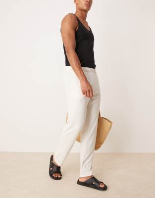 straight fit plisse pants in cream-White
