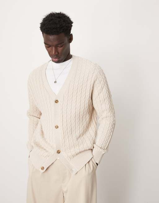 Selected Homme – Strickjacke in Cremeweiß mit Zopfmuster