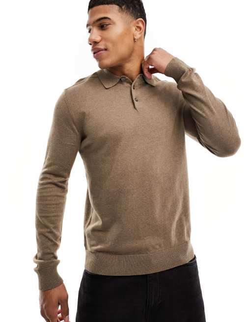 Selected Homme - Strikket brun poloskjorte med lange ærmer