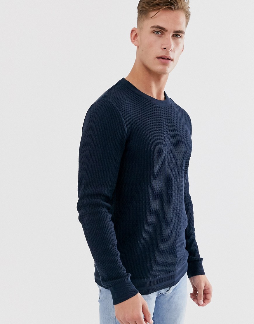 Selected Homme - strikket trøje i tekstureret økologisk bomuld-Marineblå