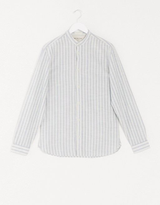 Selected Homme striped shirt with grandad collar in blue