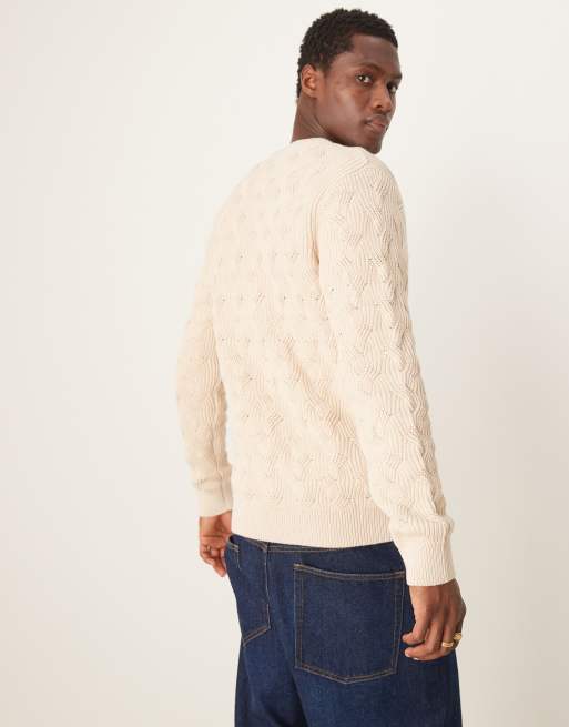 Selected Homme – Strukturierter, schwerer Strickpullover in Cremeweiß mit Rundhalsausschnitt, 2 von 4