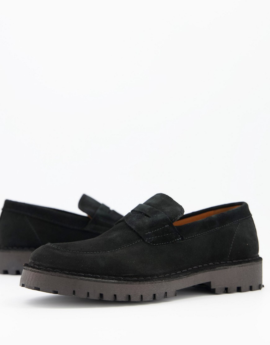 Selected Homme - Suède penny loafers met dikke zool in zwart
