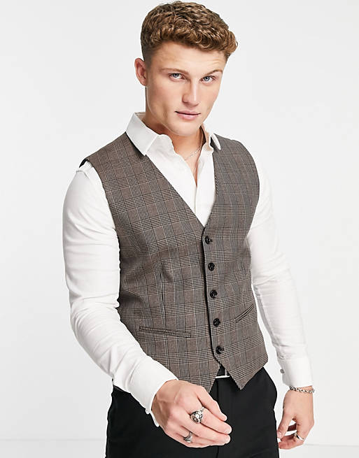 Selected Homme suit waistcoat in skinny fit brown check