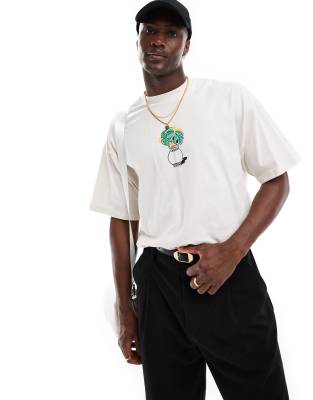 Selected Homme Selected Homme super oversized t-shirt with central plant print in cream-White