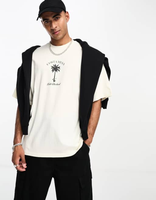 Selected Homme super oversized t shirt with late check out chest print in off white ASOS