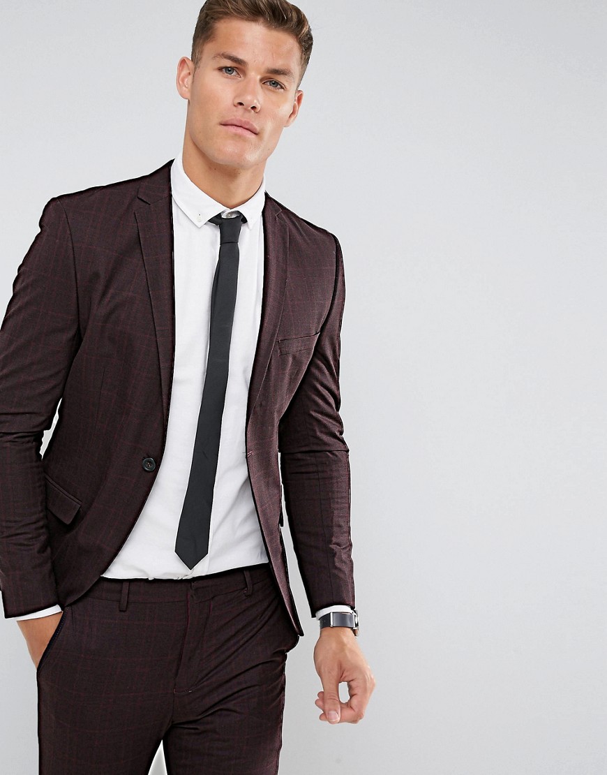 Selected Homme Super Skinny Suit Jacket In Burgundy Check-Red