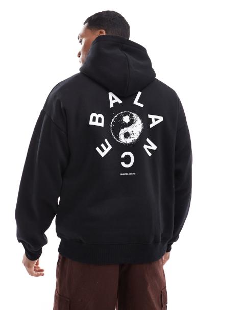 Selected Homme - Sweat à capuche oversize avec imprimé Balance circulaire au dos - Noir - view 1