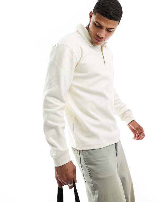 COMBINATION QUARTER ZIP POLO SWEATSHIRT - Ecru