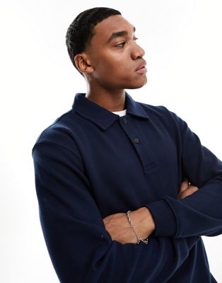 Shop Selected Homme Sweat Long Sleeve Polo In Navy