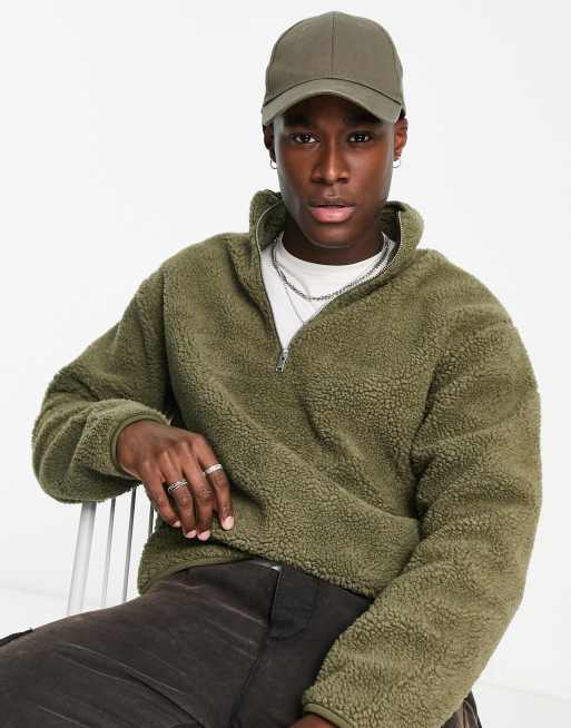 Selected Homme Sweat oversize imitation peau de mouton a demi fermeture eclair Kaki