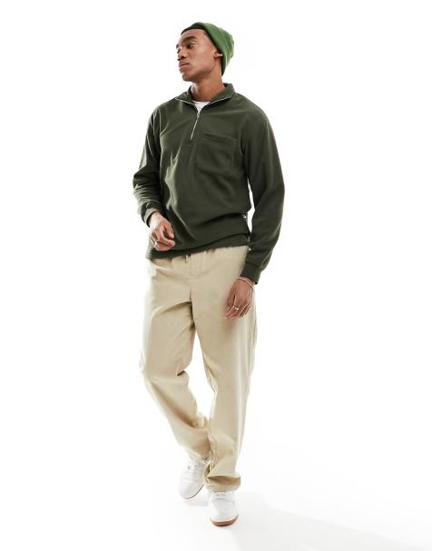Selected Homme – Sweatshirt aus feinem Fleece in Khaki mit kurzem Reißverschluss - view 1