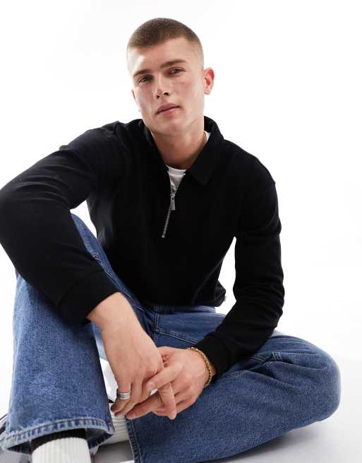 Selected Homme - Sweatshirt met polokraagje en halve rits in zwart