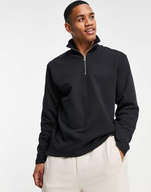 Selected Homme - Sweatshirt van katoen met kwartritssluiting in zwart - BLACK